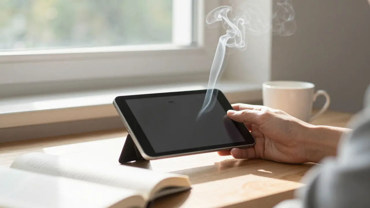 Hand holding an HHC tablet with minimal smoke rising in sunlight.