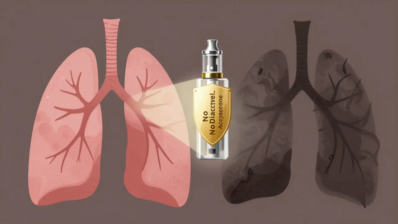 Healthy vs damaged lungs with a shielded vape device between them in symbolic contrast.