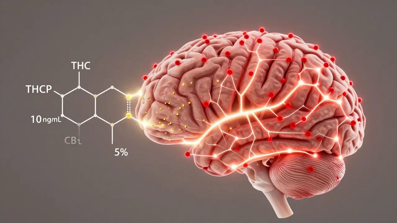 Human brain with two neural pathways: one gently activated by 10 golden dots, the other flooded with red dots.