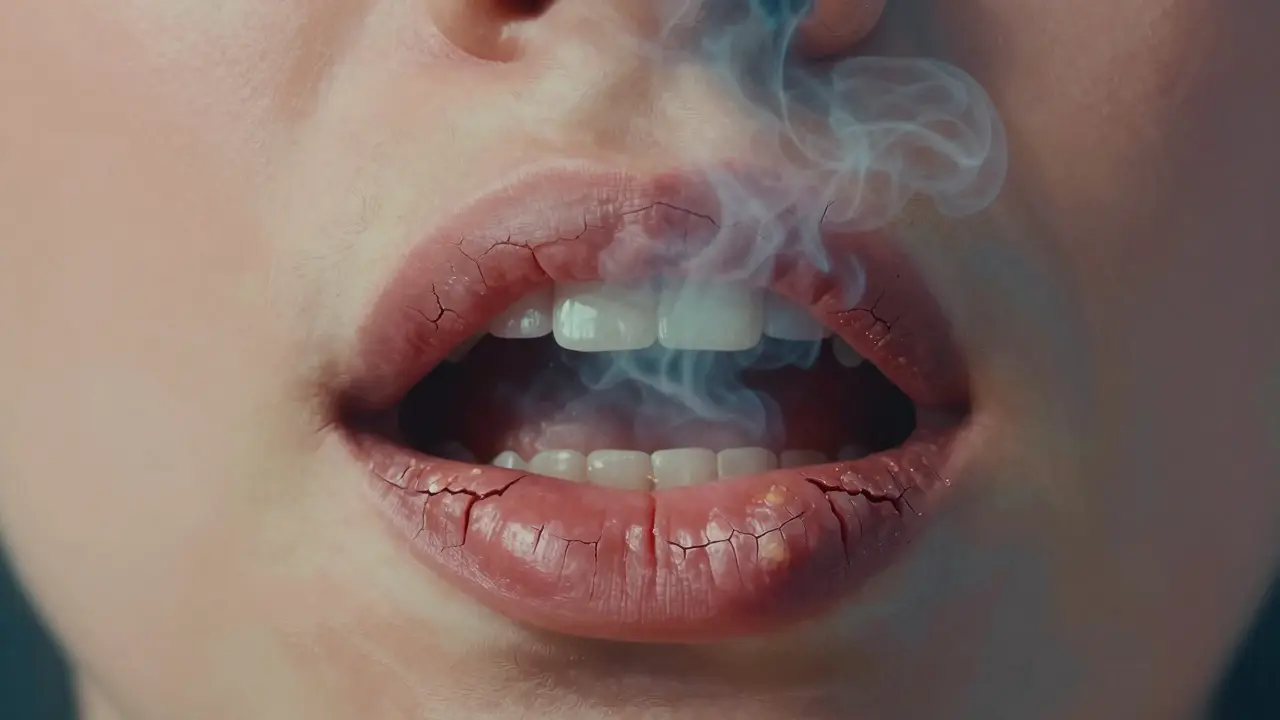 Křížový řez úst s suchou sliznicí a zubním kamenem, nad nimi se vznáší mlha výparníku.