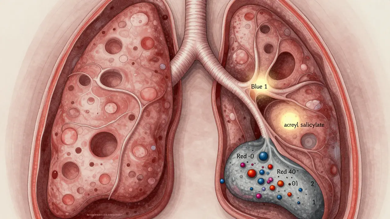 Mikroskopický pohled na plicní tkáň s usazenými škodlivými chemikáliemi v alveolách.