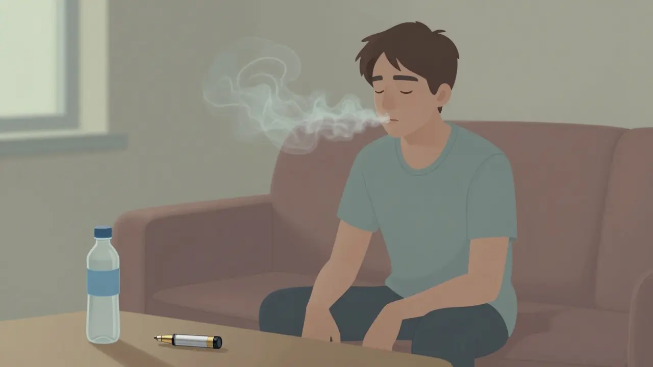 Mladý člověk na kanapě s prázdnou kartuší a lahví vody, bez kouře, jen parová mlha.