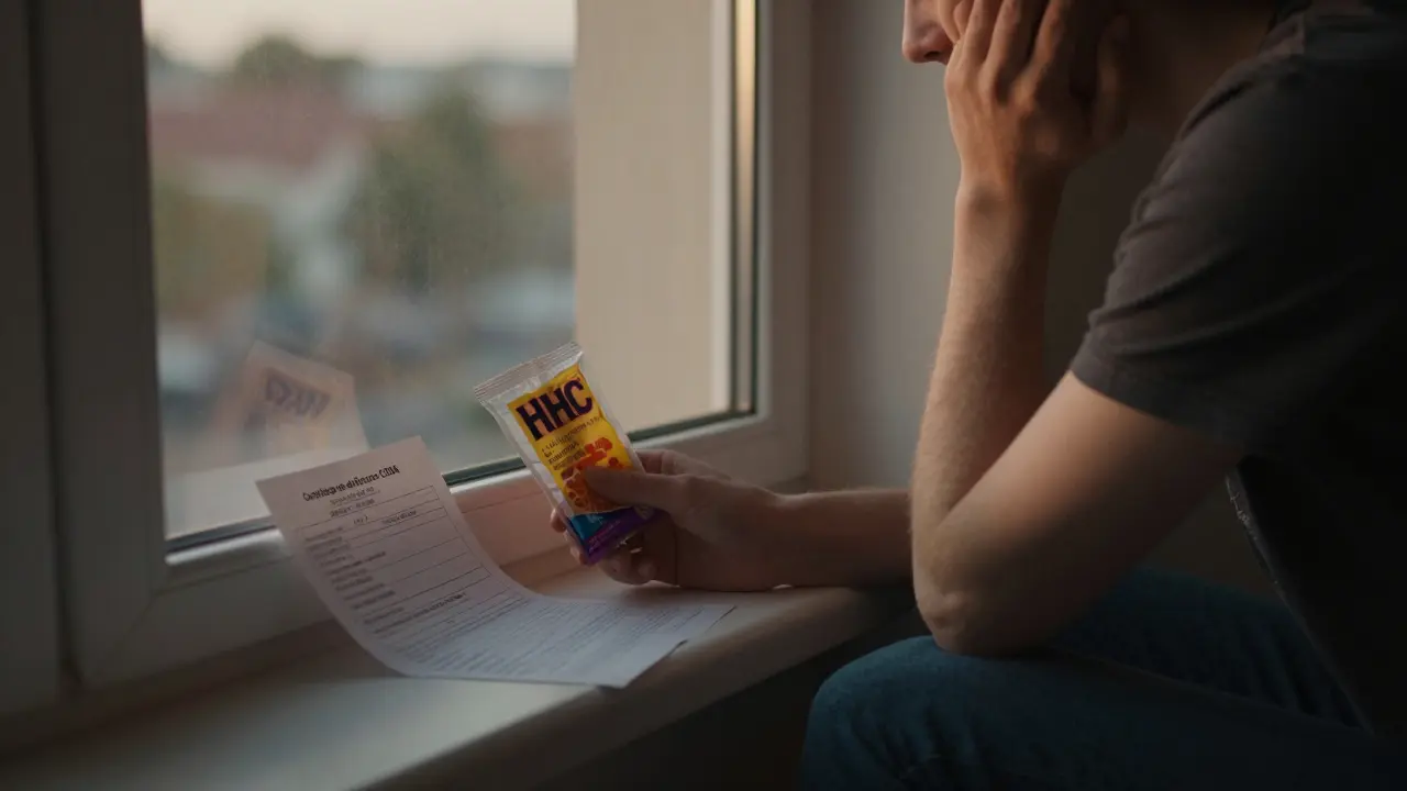 Osoba drží balíček HHC bonbónů a COA na windowsill při západu slunce, v klidném prostředí.