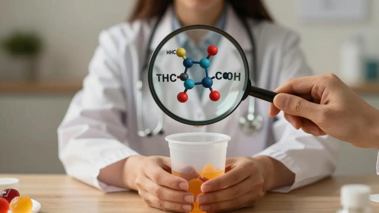 Osoba podávající moč do nádoby, nad níž se objevují identické molekuly THC-COOH z HHC a marihuany.