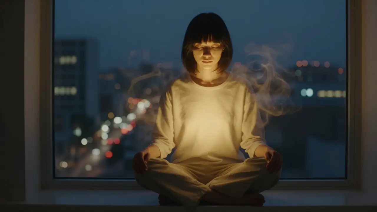 Osoba v klidu na okně s jemným zlatým zářením představujícím hluboký klid HHC.