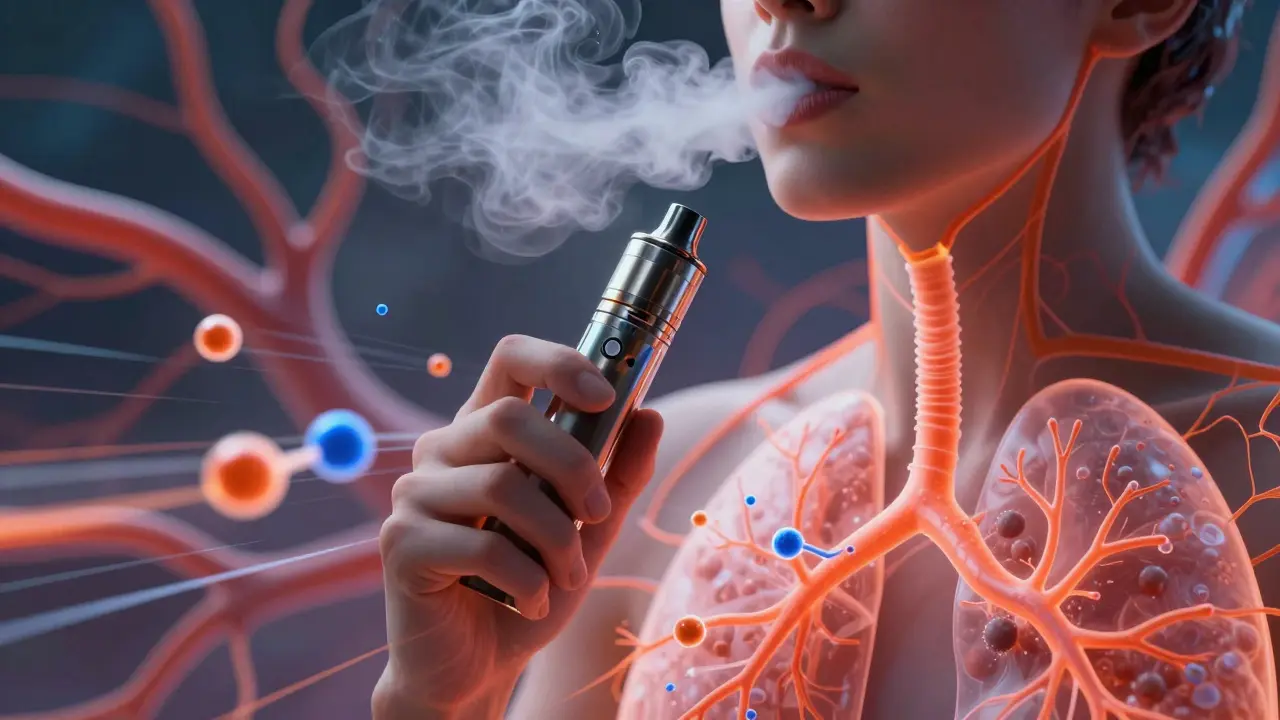 Osoba vdechující páru z vape pen, molekuly THC proudí do krve.