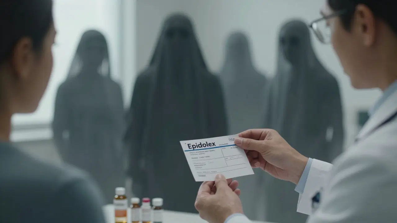 Pacient přijímá předpis na Epidiolex od lékaře v ordinaci.