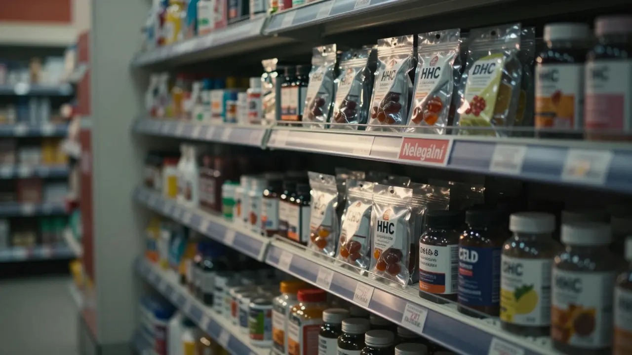 Police s HHC a delta-8 bonbóny v českém obchodě vedle CBD produktů, s červeným popiskem 'Nelegální'.