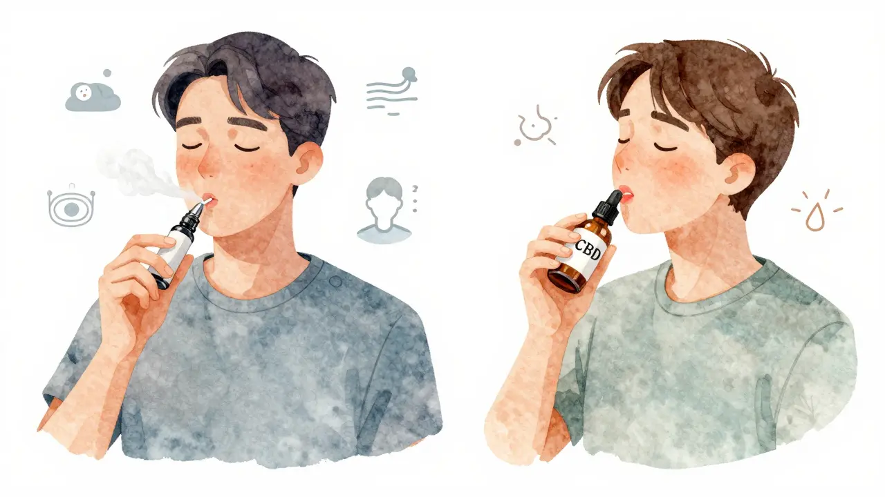 Porovnání CBD vape a kapky pod jazyk s příznaky účinků.