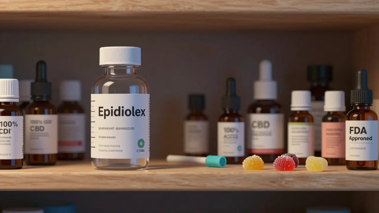 Porovnání léčivého Epidiolexu a neověřených CBD produktů na dvou policích.