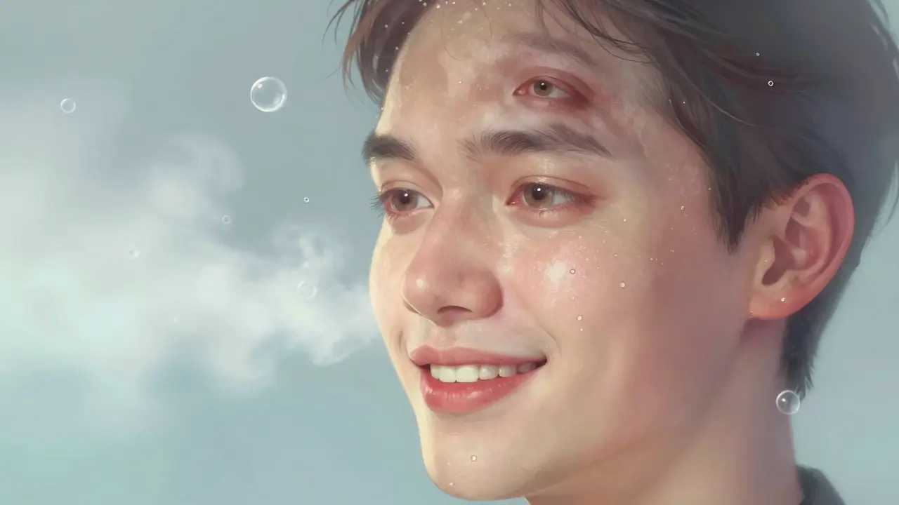 Postupná transformace obličeje během 30 dní bez vapingu THC – od unaveného k živému vzhledu s jemným světlem a vodními kapkami.