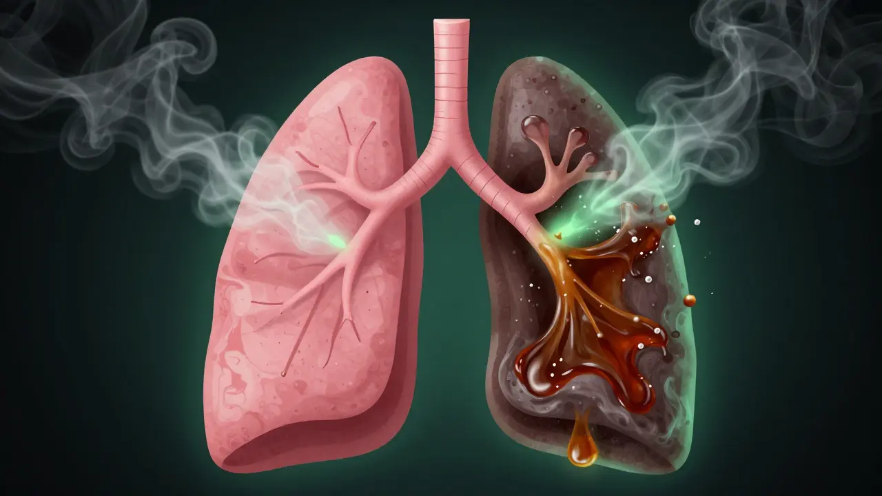Průřez plic: zdravé na jedné straně, poškozené a zaplněné hmotou z vypíjení na druhé.