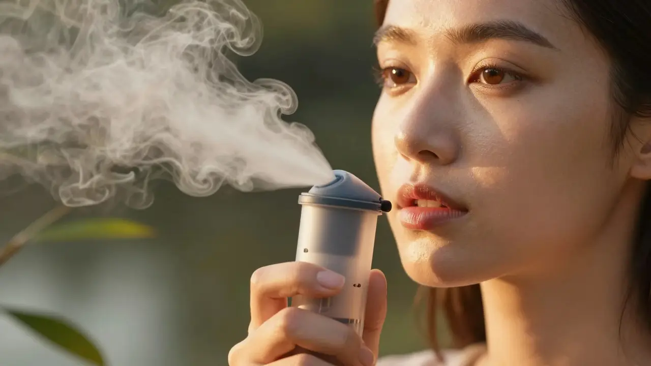 Ruce držíce vape, který se mění v mlhu, zatímco za ním vychází živý, zdravý obličej ve světle zlatého odpoledne.