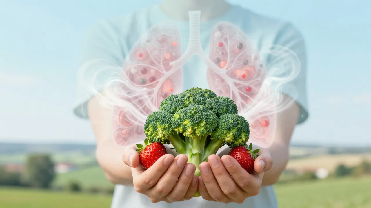Ruce držící brokolici a jahody s průzračnými zdravými plicemi