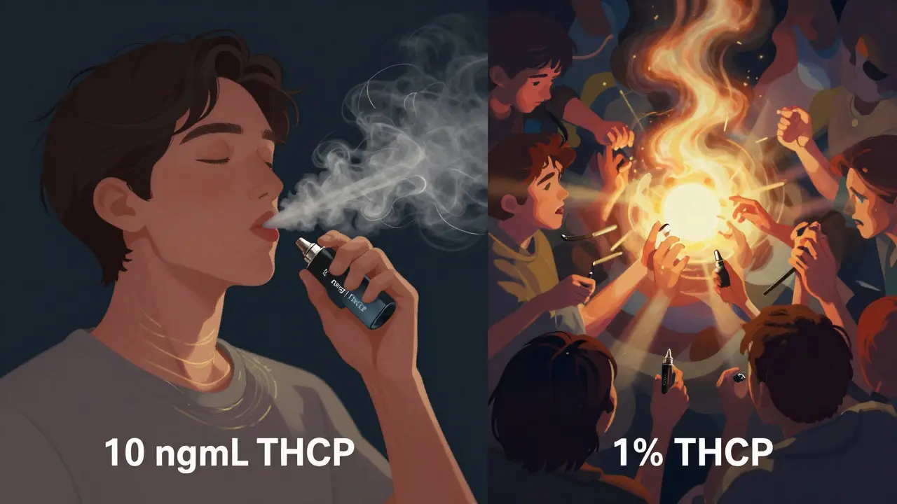 Side-by-side scene: calm user with low-dose THCP vape versus overwhelmed user with high-dose vape.
