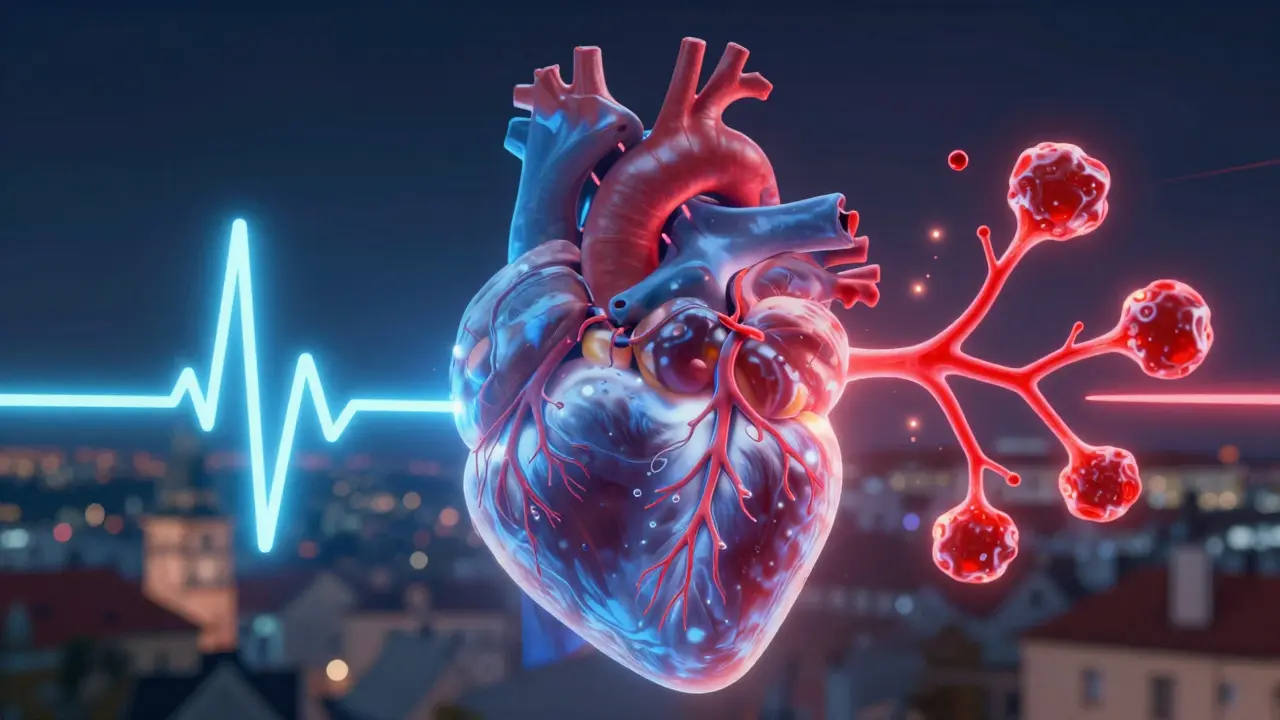 Srdce s narušeným rytmem obklopené molekulami THC, které vytvářejí červené špičky, zatímco normální rytmus je v modré.