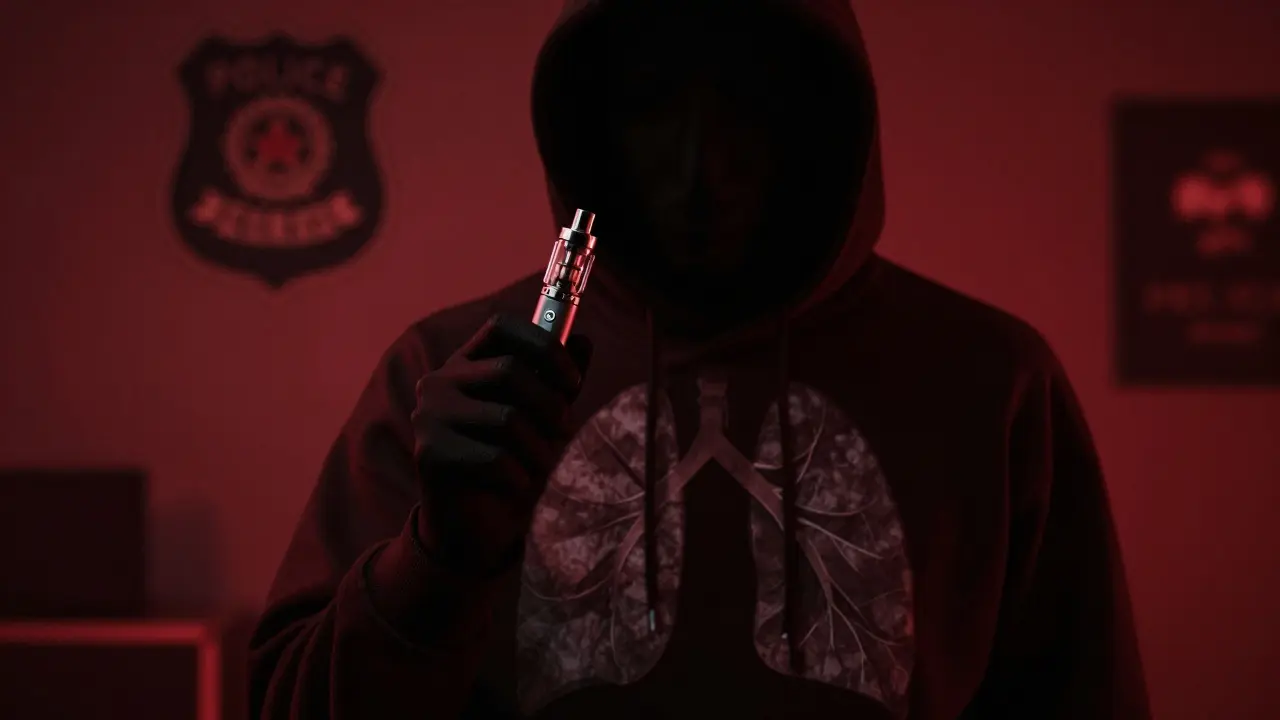 Stínová postava s vape penem v temné místnosti s policejním znakem a texturou plic.