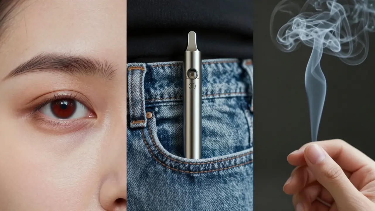 Tři příznaky vypírání THC: červené oči, skryté zařízení a jemná sladká parová mlha.