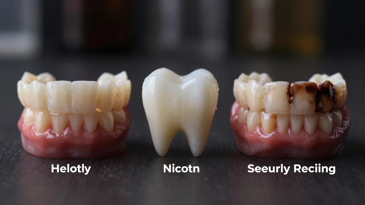 Tři sady zubů vedle sebe: zdravé, mírně poškozené a vážně poškozené od kouření výparníku.