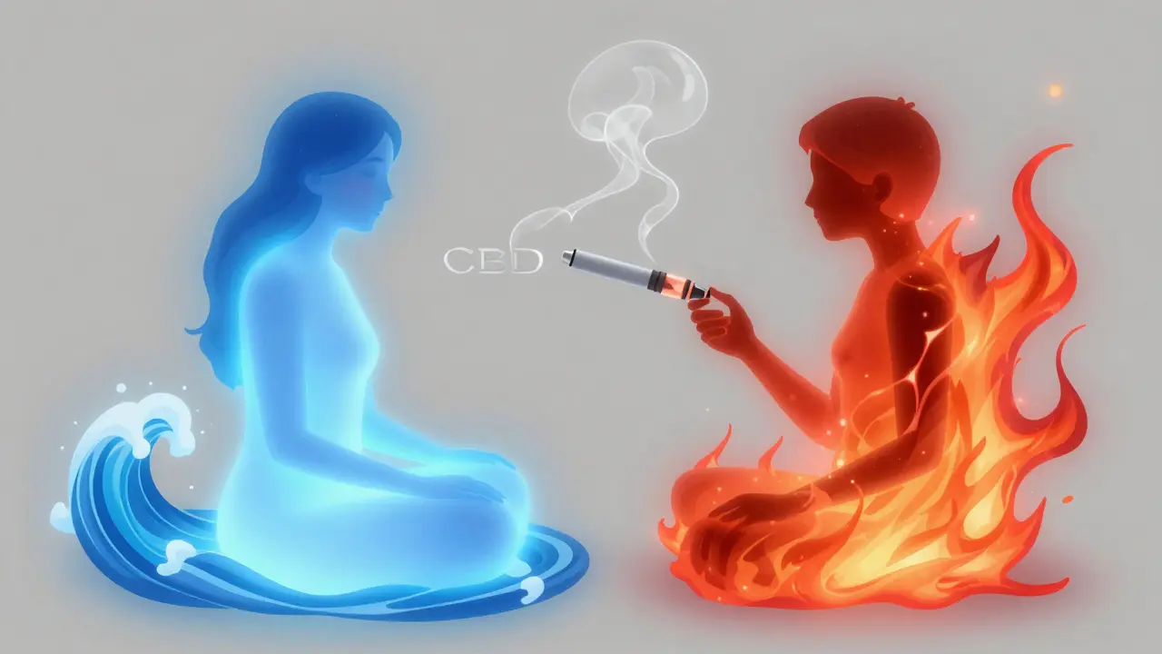 Abstraktní ilustrace klidné energie CBD a chaosu THC vedle sebe, s výparou z vape zařízení.