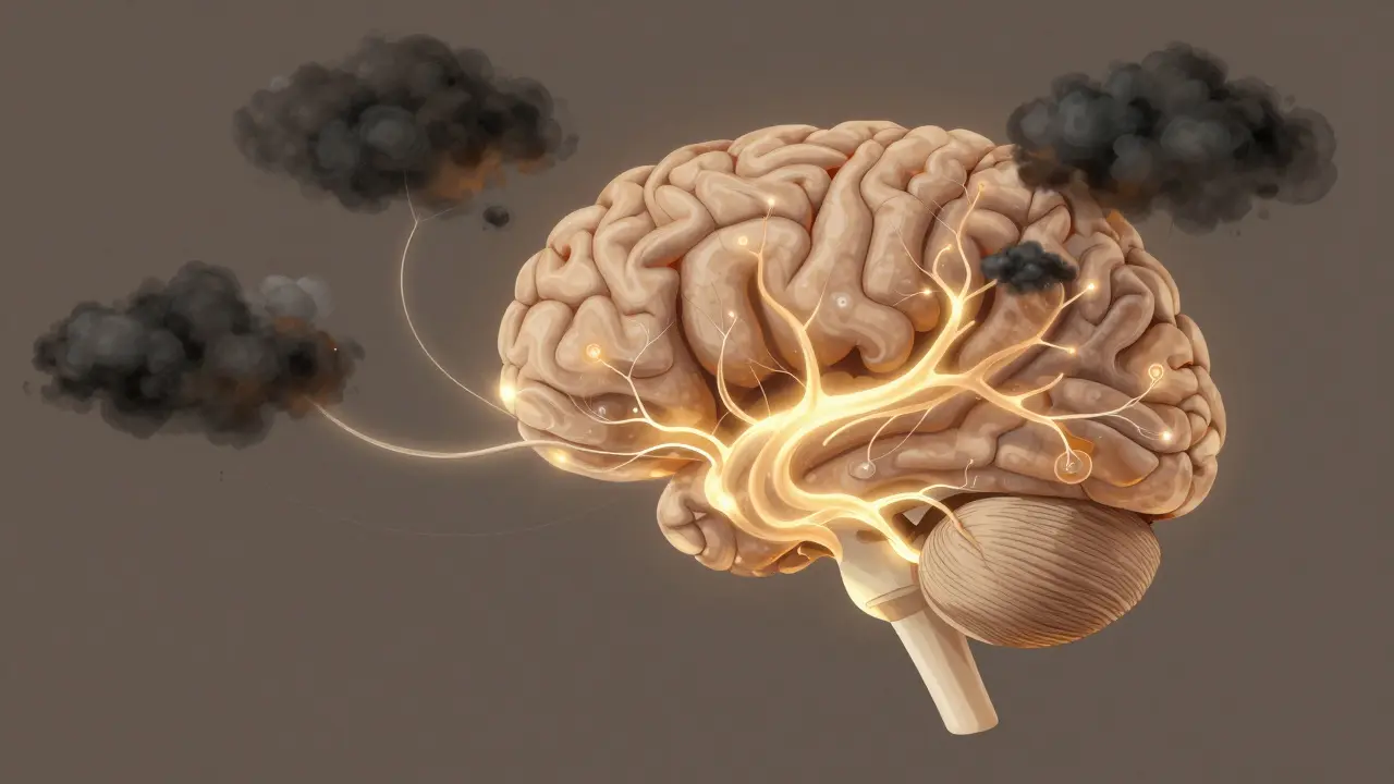 Abstraktní obrázek mozku s zlatými paprsky, které rozptylují temné mraky stresu a úzkosti.