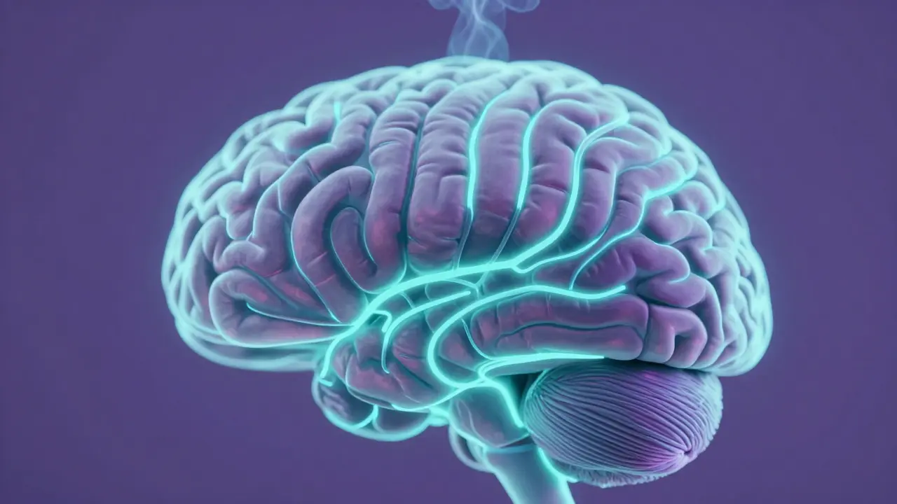 Blízký pohled na mozek s klidnými světlými cestami, symbolizujícími účinek CBD bez zvýšeného vědomí.