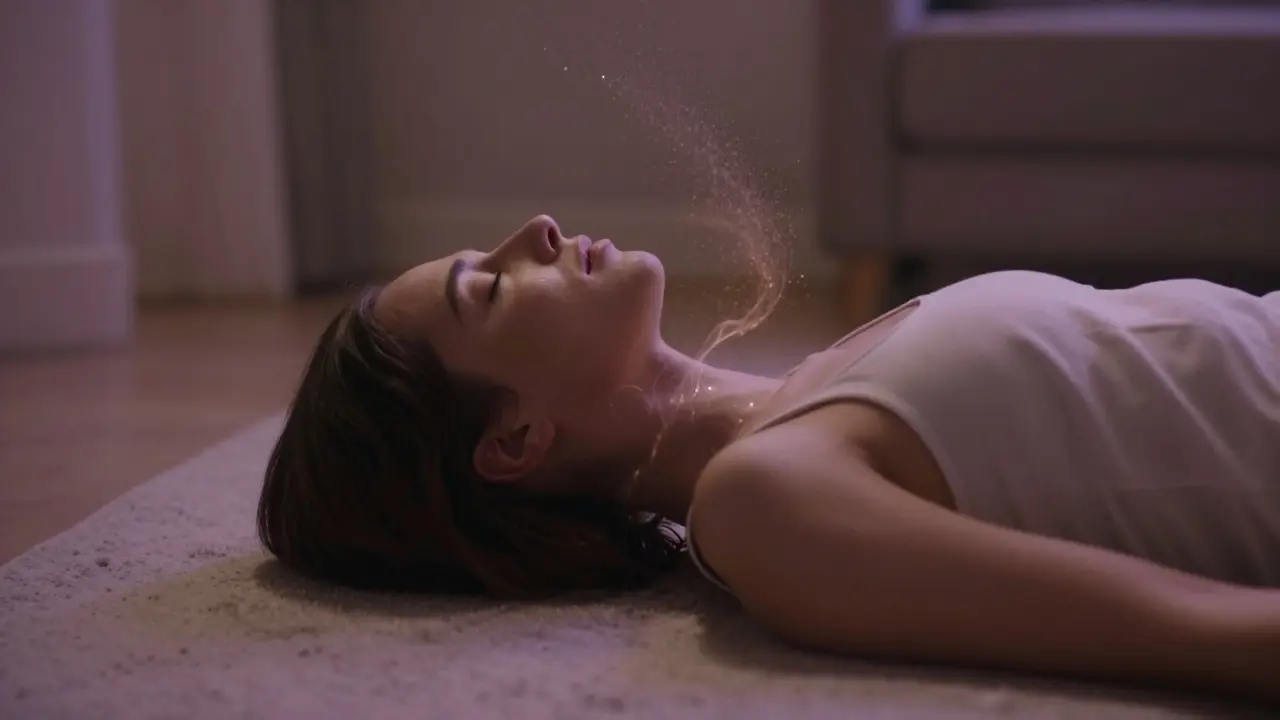 Člověk klidně leží na podlaze s očima zavřenými, kolem něj se vznášejí jemné částice reprezentující účinky HHCP