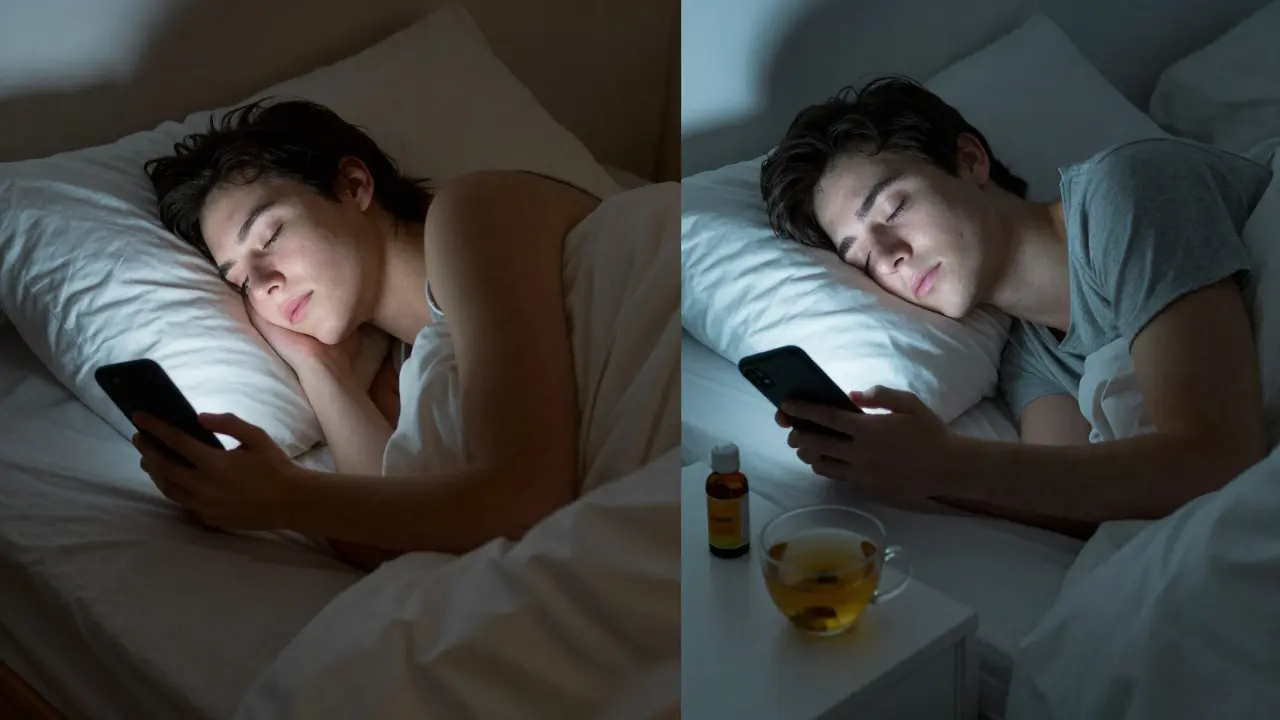 Dvě postele: jedna s nespokojeným spáčem pod světlem telefonu, druhá s klidně spící osobou a CBD olejem na nočním stolku.