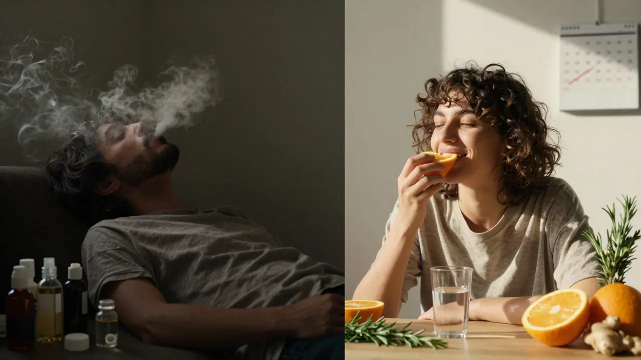 Dvě scény: jedna s vypalováním, druhá s obnovou chuti k jídlu pod sluncem.