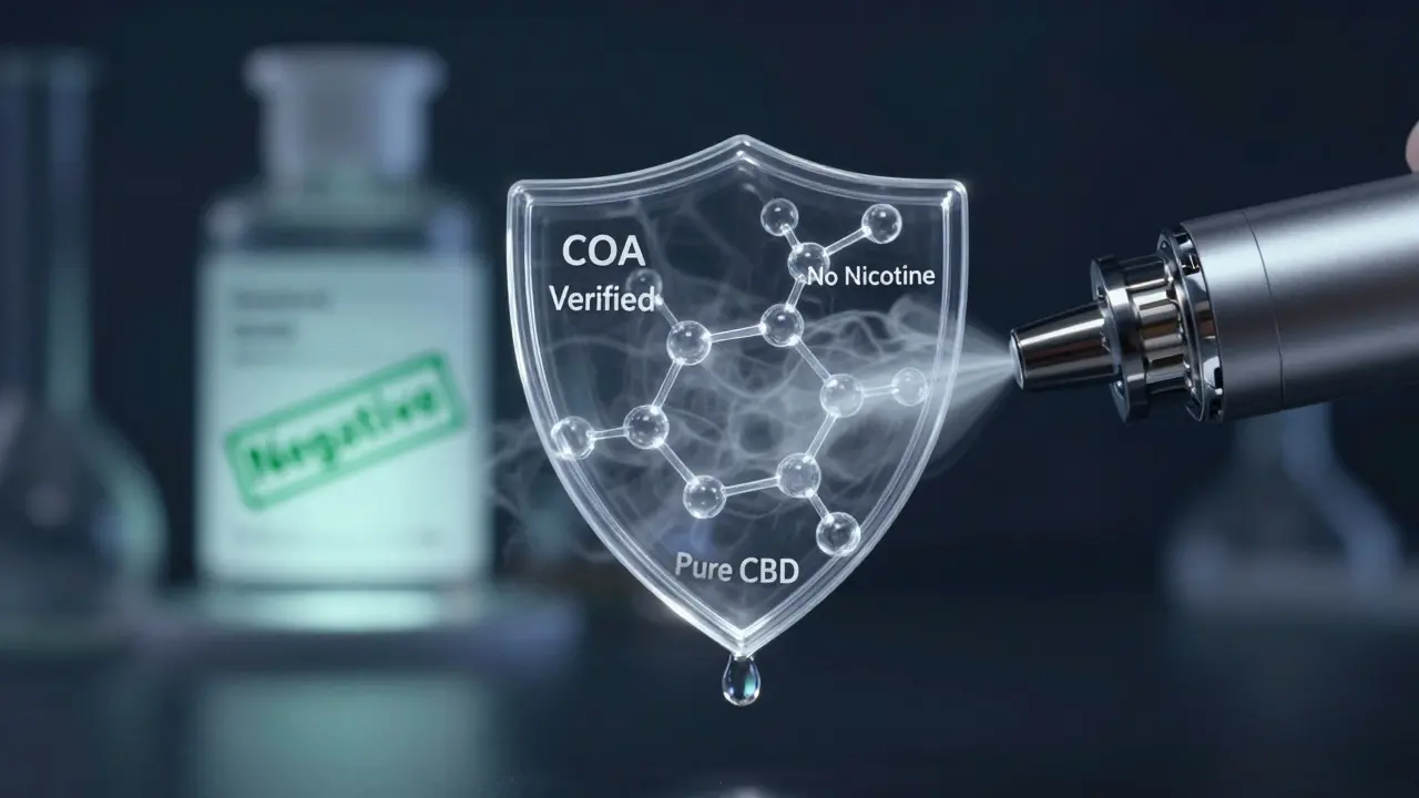 Kapka výparu se mění v štít s potvrzením čistoty CBD.