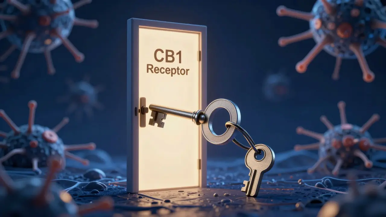 Klíč s magnetem pevně zamykající dveře s nápisem CB1 receptor, zatímco obyčejný klíč zůstává neúčinný