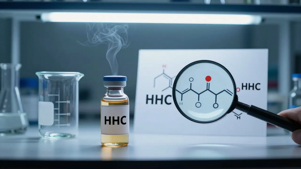 Laboratorní pracovní plocha s vialou HHC, molekulární strukturou a výparou, symbolizující syntetický původ a nejistotu.