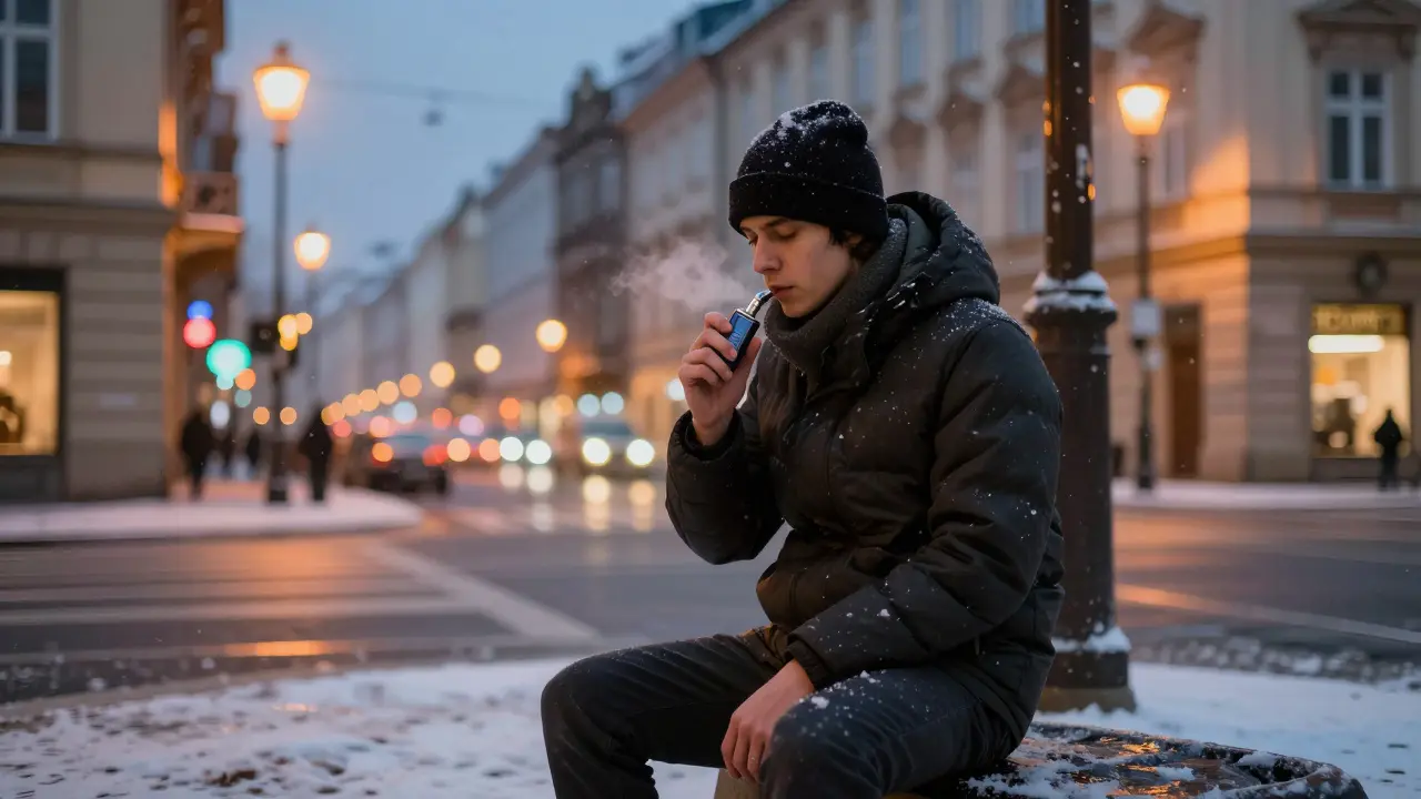 Osoba s vaperem na zimní ulici