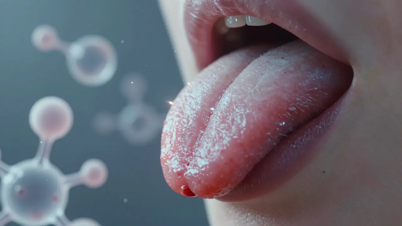 Přiblížení jazyka s potlačenými chuťovými poupěty a chemickými částicemi v okolí.