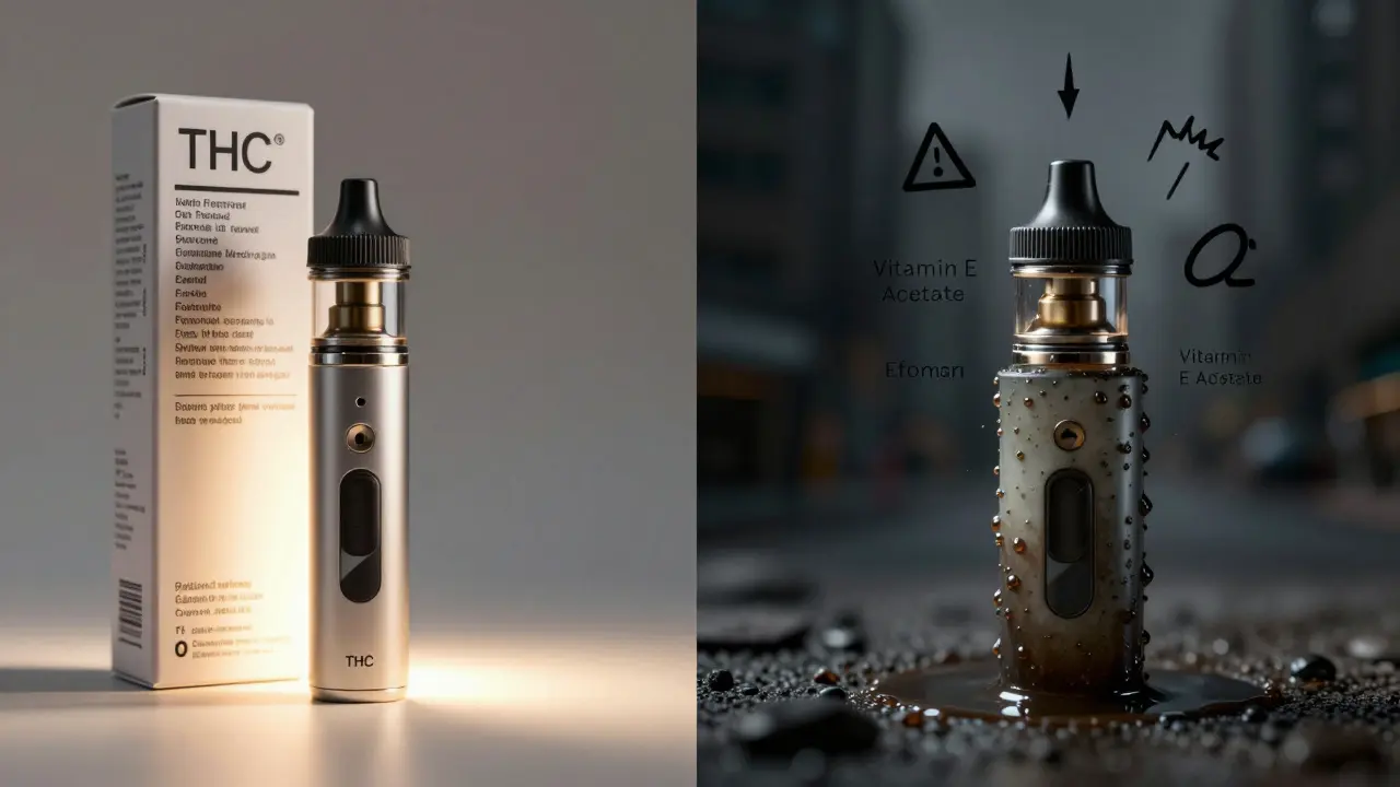 Rozdělený obraz: čistý vape s laboratorním testem vs. neznámý produkt s nebezpečnými látkami.