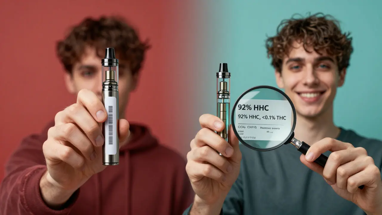 Rozdíl mezi nečistým a čistým HHC vape s Certificate of Analysis.