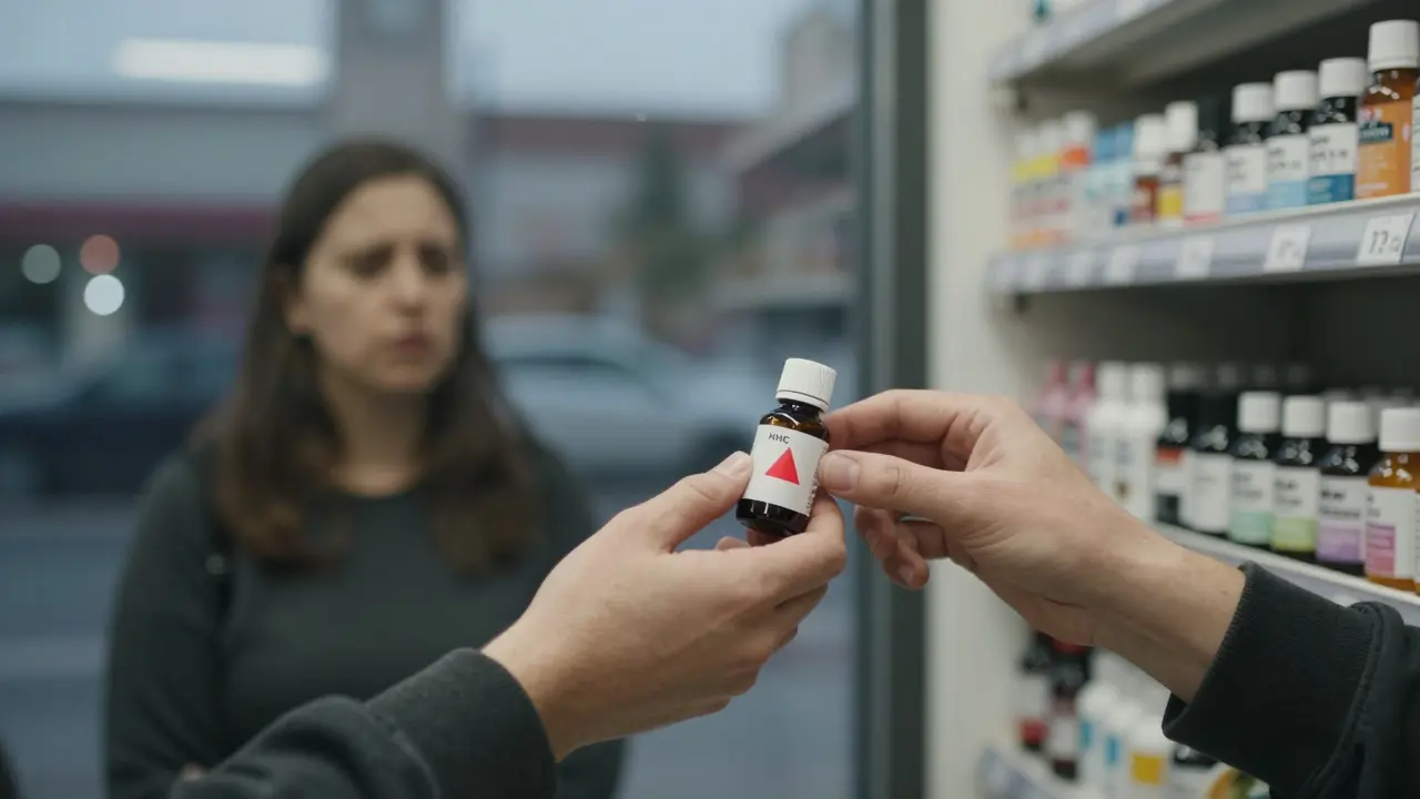 Ruce se dotýkají lahve HHC vedle CBD produktů v obchodě, zrcadlící rozhodování mezi zvědavostí a opatrností.