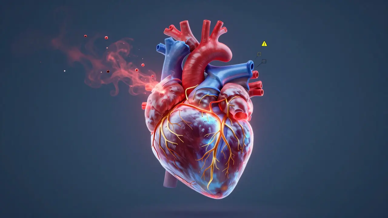 Srdce s jednou stranou napnutou THC parou a druhou klidnou CBD, s vedením cév.