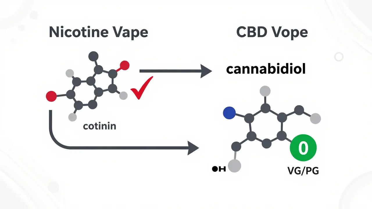 Srovnání cest nikotinu a CBD v těle s výsledky testu.