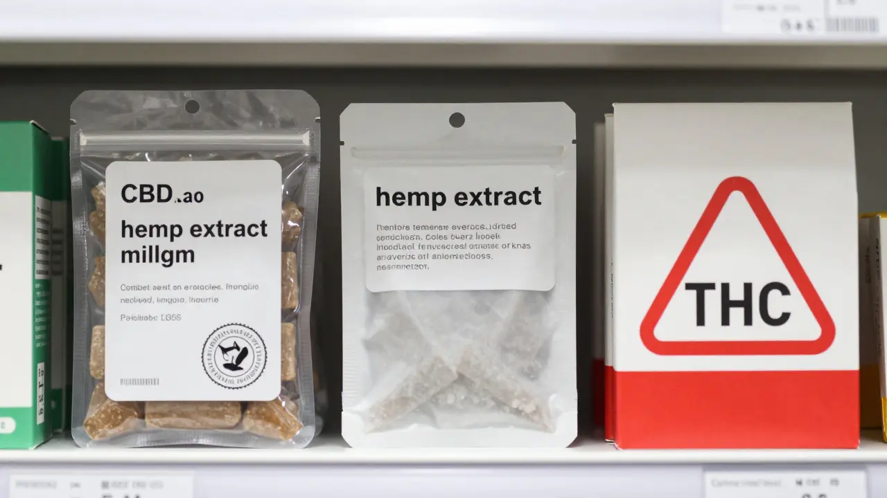 Tři druhy edibilů na polici s různými popisky a varováními