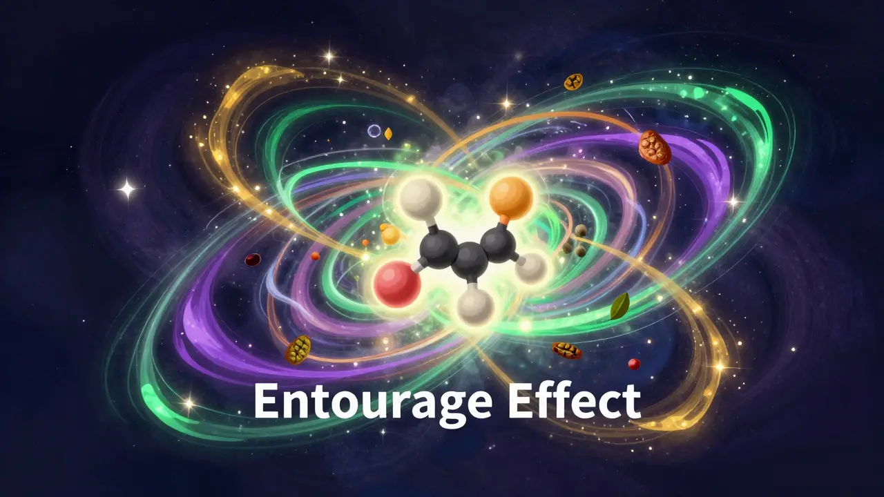 Abstraktní znázornení efektu entourage a synergie kanabinoidů.