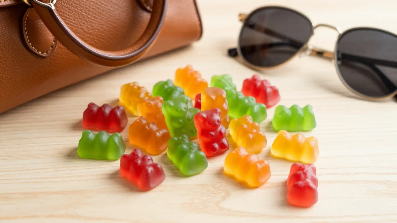 Barevné CBD žvýkačky vedle kabelky a slunečních brýlí na dřevěném stole.