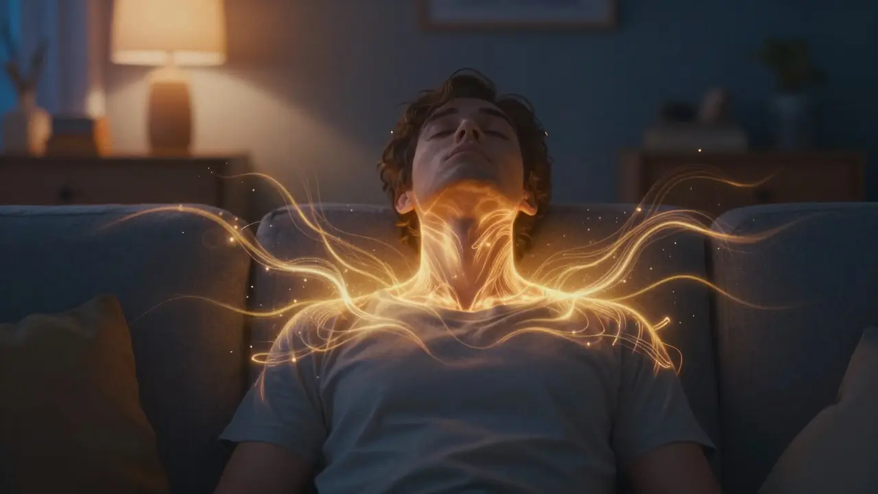 Člověk relaxující na pohovce s vizuální reprezentací uvolnění svalů v rameních.