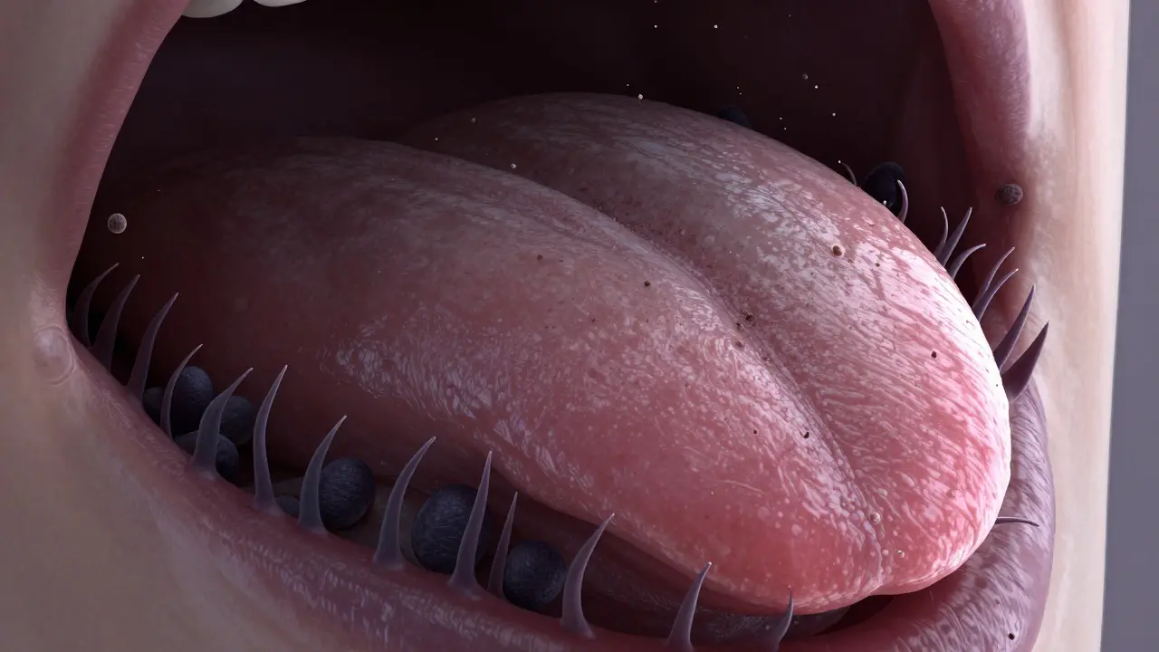 Detailní 3D ilustrace zvětšených papil na povrchu jazyka s tmavým náletem.
