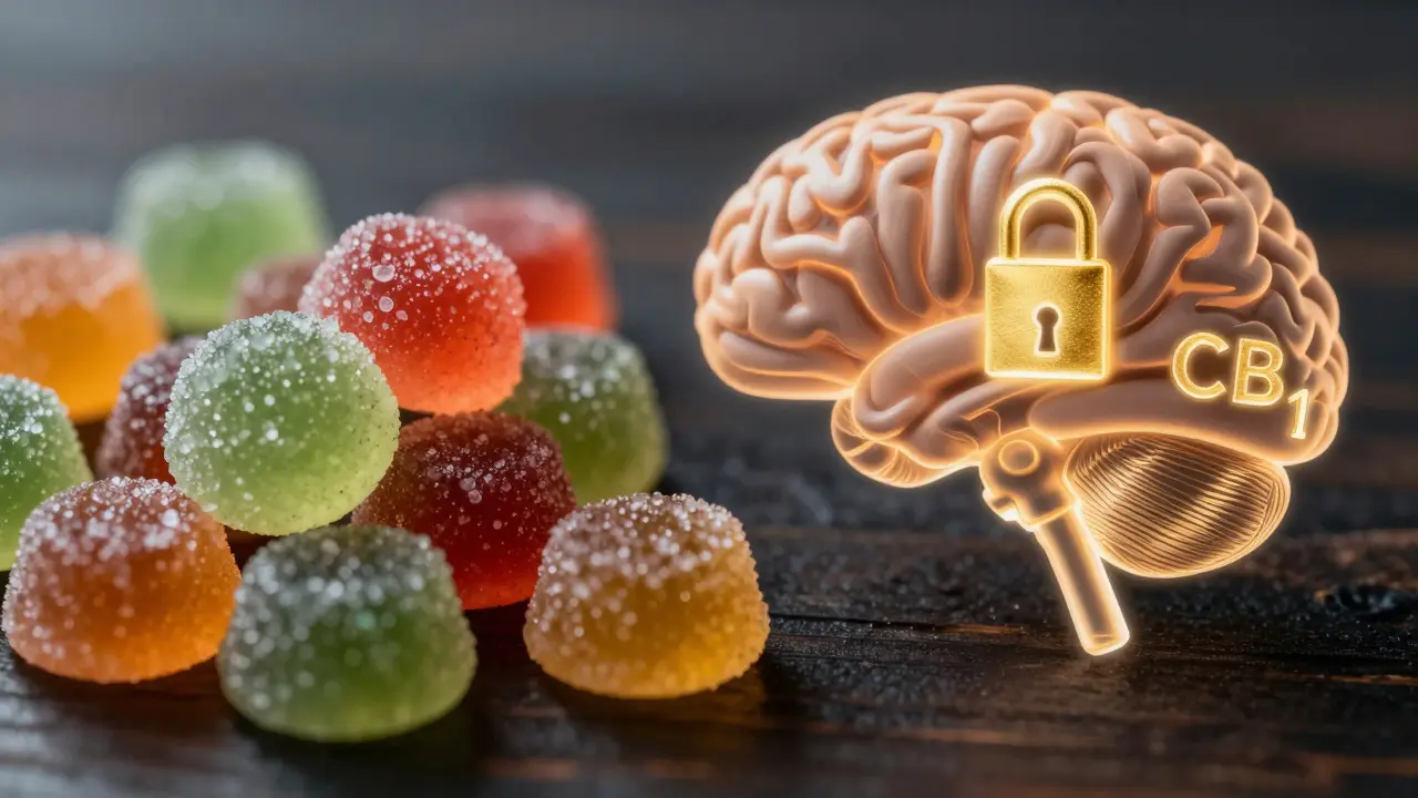 Detailní makro snímek barevných THC bonbonů s konceptuálním znázorněním receptorů v mozku.