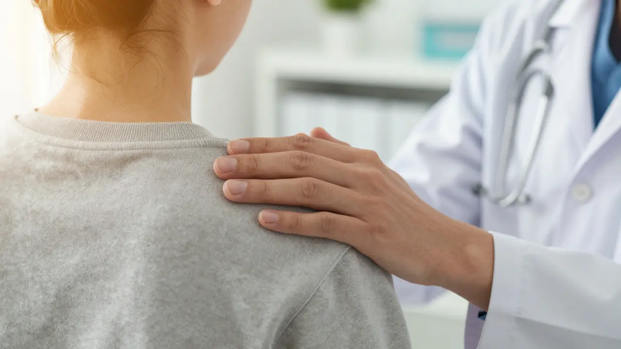 Doktor s podporující gestem klade ruku na rameno teenagera v ordinaci.