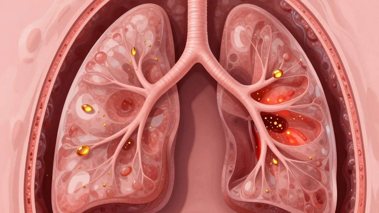 Ilustrace plicních alveolů s vnikajícími kapkami oleje a zánětem tkáně.