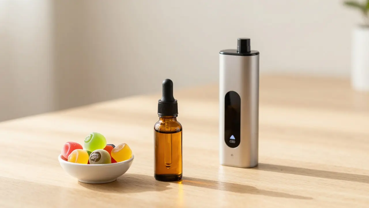 Kombinace CBD oleje, CBD gummies a kvalitního vaporizéru na dřevěném stole.