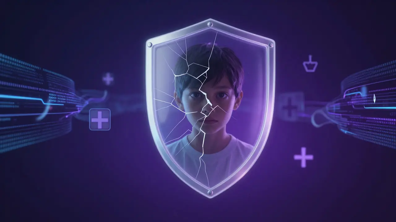 Konceptuální obraz znázornující lékařské mlčení a práva rodičů na informace.