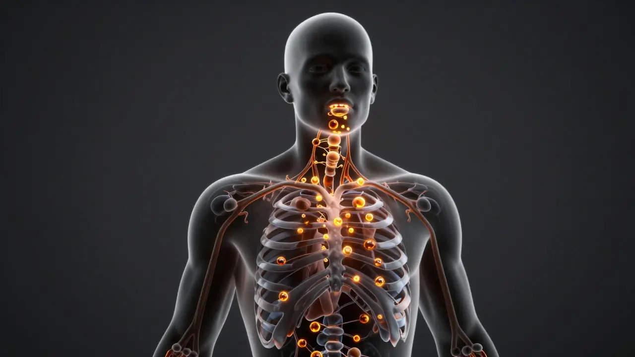 Konceptuální znázornění distribuce molekul HHC v lidském těle.
